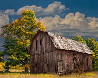 Rustic Barn, Wooden Barn, Michigan Barn, Agricultural Farm, Autumn Scene, Fall Fine Art, Country Landscape, Farm Photograph
