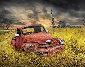 Red Pickup Truck Print, Americana Truck Print, Old Chevy Pickup, Vintage Chevy, Rustic Barn, Farm Windmill, Rural Landscape Sunset, Wall Art