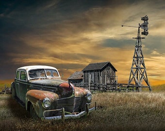 Vintage Auto with Rustic Barn and Farm Windmill Photo ,Old Automobile on Prairie Farm with Weathered Barn in Rural Landscape Fine Art Photo
