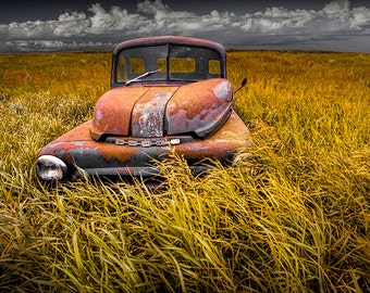 Prairie Landscape Abandoned Pickup Truck, Americana Auto Rustic Wall Decor, North Dakota Photograph, Fine Art Wall Print, Auto Art Print