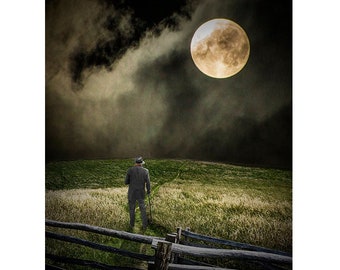 Walking a Moon Lit Path, Surreal Art of Man with Cane under a Harvest Moonlight walking a Path, Fantasy Story Illustration, Fine Art Gift