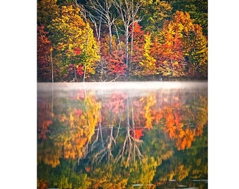 Autumn Forest Lake Reflections Michigan Landscape Photograph, Morning Fog Tree Water Reflections Michigan Lake, Country Home Wall Decor Art