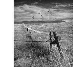 Wind Turbines, Energy Windmills, Alberta Canada, Natural Energy, Prairie Field, Black and White, Fine Art, Landscape Photograph