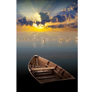 Morning Has Broken Like The First Morning, Wooden Row Boat, Morning Sunrise, Lake Gulls, Calm Water, Sun Burst, Light Beams, Boat Photograph image 1