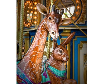 Carousel Amusement Ride Merry-Go-Round with Giraffe and Rabbit, Nursery Art Print, Entertainment Photograph, Fine Art Wall Decor Print