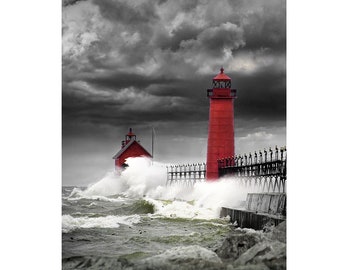Grand Haven Lighthouse in a Rain Storm with High Wind at the Pier Head on Lake Michigan in Michigan with Vertical Select Color No.2-42214-3