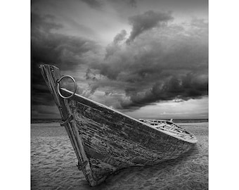 Classic Black and White Wall Decor of Shipwrecked Boat on Sandy Beach with Storm Brewing by Lake Huron in Michigan, Seascape Nautical Photo