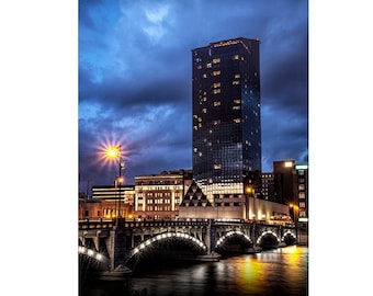 Night Photography, Bridge Lights, Pearl Street Bridge, Grand Rapids, Michigan, City Art, Urban Landscape, Cityscape, Downtown, Grand River