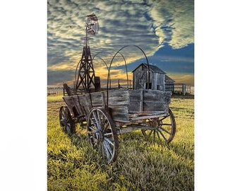 Covered Wagon with Windmill and Barn on a Prairie Farm in 1880 Town Frontier Museum South Dakota, A Pioneer Landscape Wall Decor Photograph