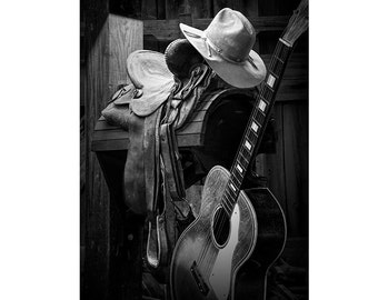 Acoustic Guitar Photo, Black and White, Country Western Music, 6 String Guitar, Horse Saddle, Cowboy Hat, Music Wall Decor, Still Life Photo