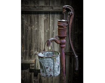 Nostalgic Water Pump, Farm Water Pump, Vintage Pump, Rusty Pump, Metal Bucket, Kitchen Wall Decor, Michigan Photograph, Farm Photograph