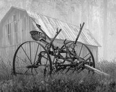 Foggy Morning with Vintage Farm Equipment by an Old Wood Barn in either Black White or Sepia No.BW74953BG Rural Landscape Photograph
