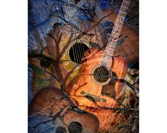 Roots Music Acoustic Guitar with Tree Branches Wall Decor Art, Flat Top Guitar Abstract Art, 6 String Guitar Photo, Black and White Sepia