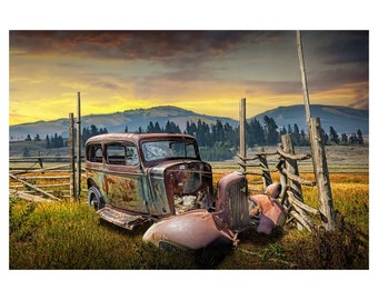 Western Landscape Photograph of Rustic Abandoned Auto Body by Old Wood Fence, Americana Western Fine Art, Auto Wall Art, Canvas Wraps