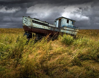 Abandoned Fishing Boat, Washington State, Fishing Trawler, Nautical Landscape, Maritime Art, Field of Grass, Fine Art Seascape, Boat Photo