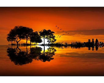 Guitar Landscape Art Print: Red Sky Sunset Photography