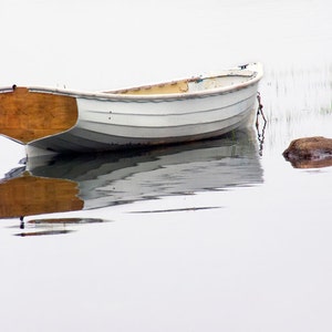 Row Boat, Wooden Boat, White Maine Dory, Foggy Morning, Mt. Desert Narrows, Mount Desert Island, Nautical Seascape, Maine Photograph image 1