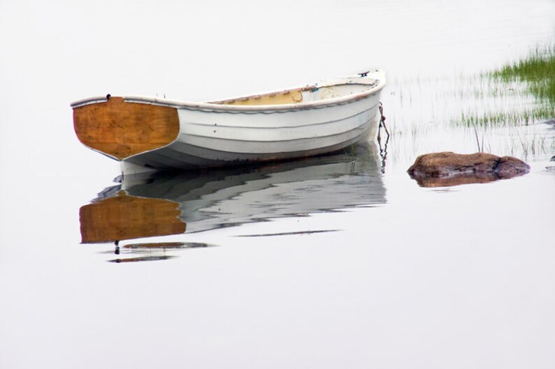 Row Boat, Wooden Boat, White Maine Dory, Foggy Morning, Mt. Desert Narrows, Mount Desert Island, Nautical Seascape, Maine Photograph image 1