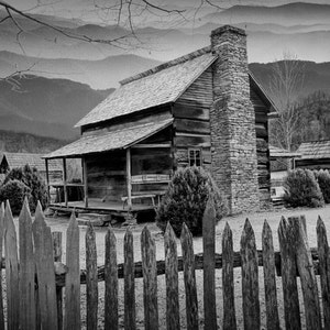 Appalachian Mountain Cabin by Smoky Mountain National Park in North Carolina, Black and White Fine Art Landscape Photograph, Home Wall Art image 1