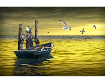 Sunset with Anchored Boat and Flying Gulls, Nautical Boat Art, Boat Photograph, Wooden Boat, Nautical Seascape, Canvas Wrap, Black and White