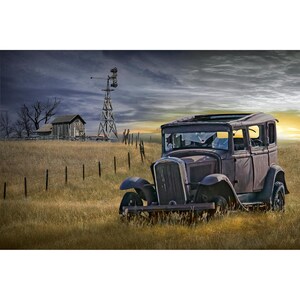 Abandoned Rusty Auto in a grassy field, Abandoned Car with Barn and Windmill, Country Sunset, Americana Rustic Art, Rural Fine Art Landscape