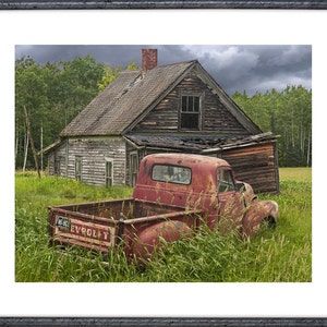 Rusty Red Pickup Truck Abandoned Farm House Homestead, Rural Americana Landscape, Rustic Auto Photograph, Giclée and Canvas Prints available image 2
