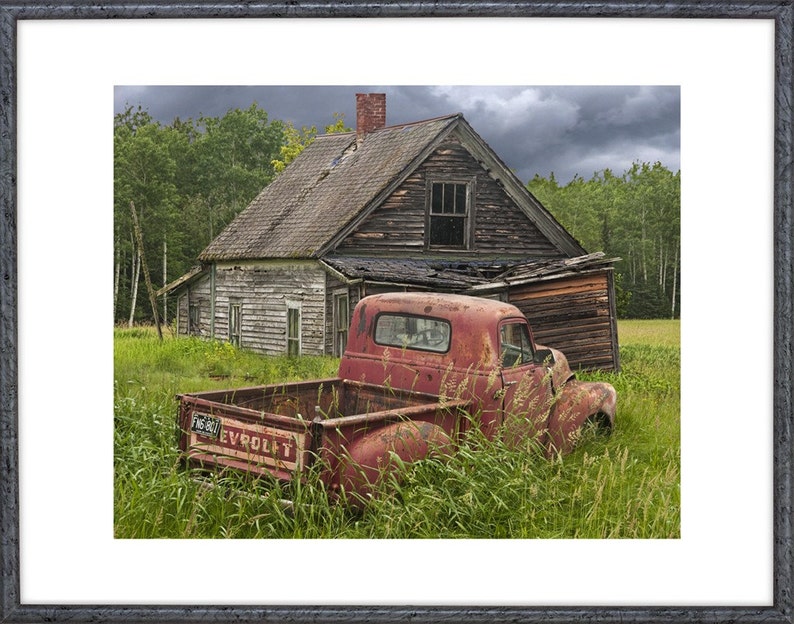 Rusty Red Pickup Truck Abandoned Farm House Homestead, Rural Americana Landscape, Rustic Auto Photograph, Giclée and Canvas Prints available image 2