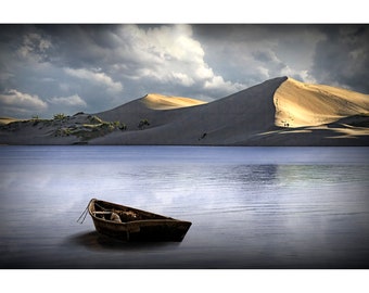 Sand Dunes at Silver Lake along the Lake Michigan Shoreline at Sunrise with anchored Boat, Nautical Fine Art Michigan Seascape, Wall Decor