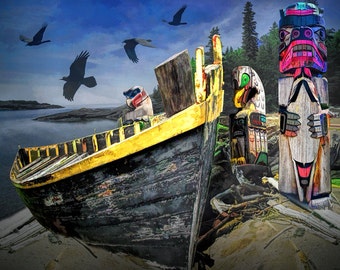 Totem Poles, Boats and Ravens in Just another Tribal Tale a Photographic Surreal Fantasy Composition No.02 A Fine Art Landscape Photograph