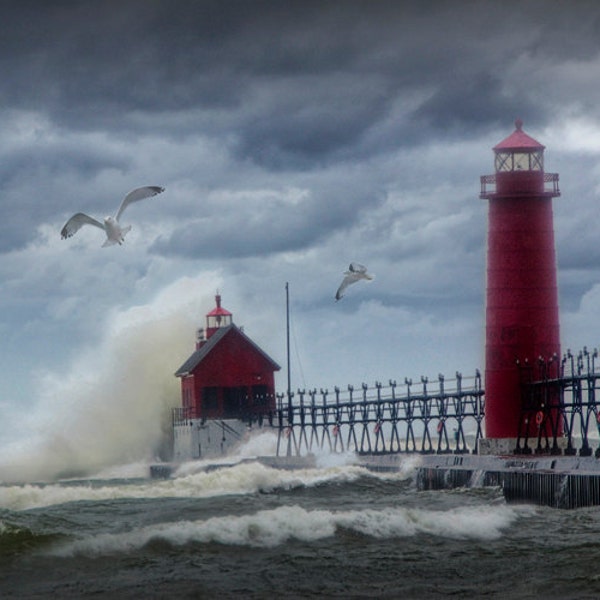 Grand Haven Lighthouse in Michigan in a New Years Day Storm on Lake Michigan No.0250 - A Lighthouse Seascape Photograph