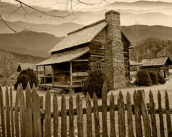 Appalachian Cabin, Mountain Cabin, The Smoky Mountains, Mountain Landscape, North Carolina, Sepia Tone, Black and White, Fine Art Photograph