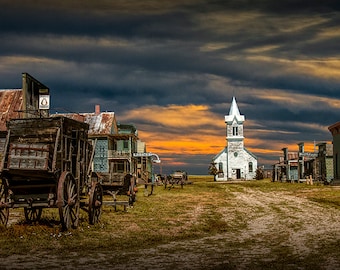 White Church at the End of Main Street in 1880 Town Western Museum in South Dakota No.0325 Fine Art Western Prairie Landscape Photography