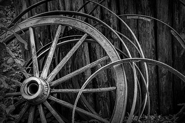 Wooden Wagon Wheels, Wagon Wheel Art, Farm Wagon Wheels Black & White, Fort Edmonton, Alberta Canada, Pioneer Farm, Landscape Photograph