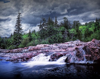 Waterfalls, Lake Superior, Great Lakes, Aquasabon River, River Mouth, Terrace Bay, Cloudy, Ontario Canada, Waterfall Photograph, Landscape