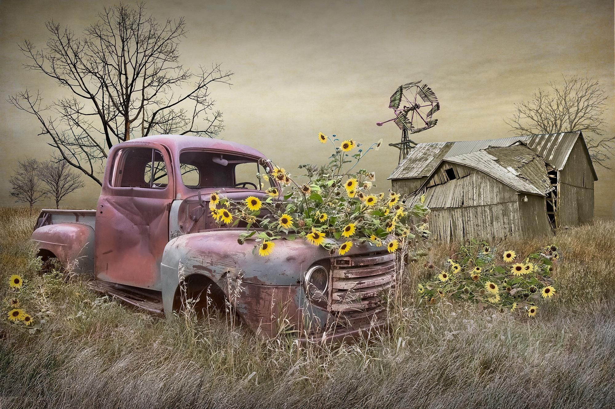 Americana Farm Truck Print: Rustic Barn, Windmill, Wildflowers - Etsy