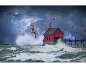 Lightning Thunder Storm on the Great Lakes by Red Lighthouse, Great Seascape Wall Decor Photo with Storm Waves, Nautical Seascape Art Print
