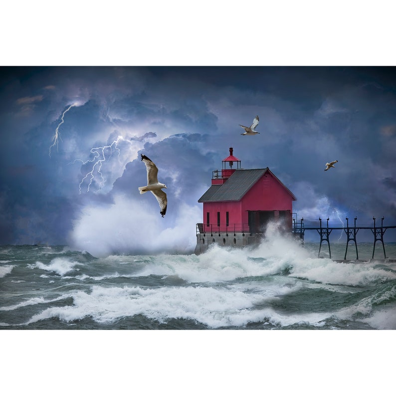 Lightning Thunder Storm on the Great Lakes by Red Lighthouse, Great Seascape Wall Decor Photo with Storm Waves, Nautical Seascape Art Print image 1