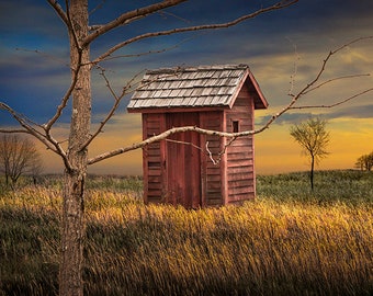 Vintage Red Outhouse in Southwest Michigan by Historical Country Schoolhouse, Out House in Rural Landscape Fine Art Photograph, Wall Decor