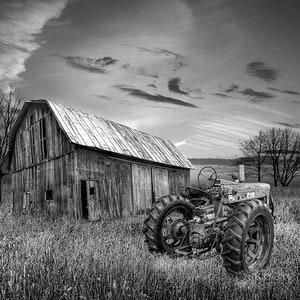 Sunset Farm Wall Art: Red Tractor, Weathered Barn Photograph Black and White