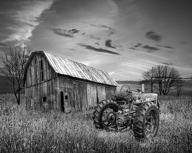 Sunset Farm Wall Art: Red Tractor, Weathered Barn Photograph Black and White