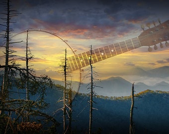 Americana Folk Music, Appalachian Sound, transparent image of a banjo, Smoky Mountain Landscape, Appalachia, A Fine Art Americana Photograph