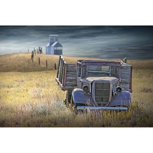 Abandoned Truck with Old Grain Elevator in Americana Farm Scene, Rural Rustic Landscape, Home Wall Decor, Auto Photograph, Sepia and B&W