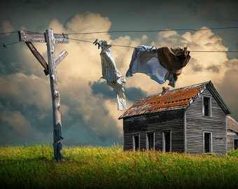 Wash on the Line, Laundry Clothesline, Wash Day, Farm House, Country Living, Rural Landscape, Prairie Landscape, Rustic Photograph