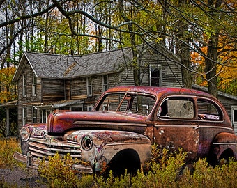 Old Ford Coupe in front of an abandoned Farm House in Midwest Michigan No.7599 A Fine Art Automobile Photograph