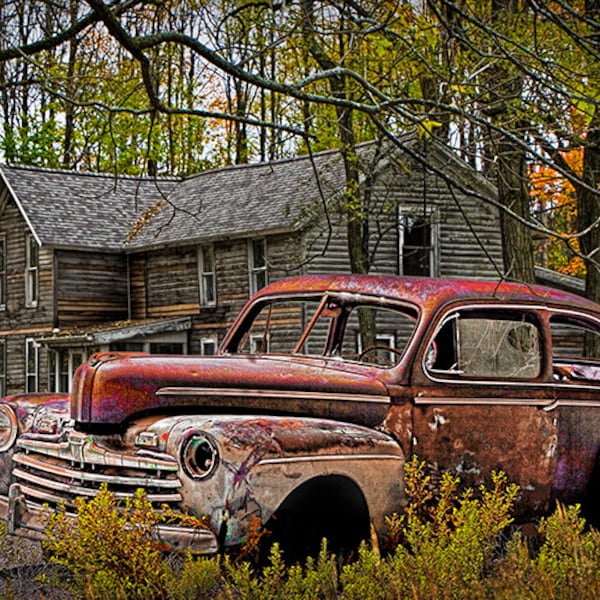 Old Ford Coupe in front of an abandoned Farm House in Midwest Michigan No.7599 A Fine Art Automobile Photograph