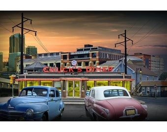 Evening at a 50's Classic Diner in Urban Landscape, Home Wall Decor of Vintage Diner Restaurant with Antique Autos, Americana Fine Art