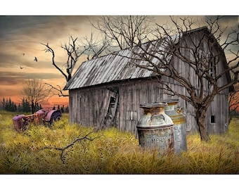 Abandoned Farm with Creamery Cans and Barn and Tractor, Great Americana Wall Decor Art, Fine Art Farming Agricultural Landscape Photograph