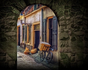 Bicycle with Basket Wall Decor Print of Dutch Village Street viewed through Doorway, European Travel Photograph, Netherlands, Holland Print