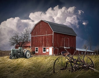 Red Barn with Green Tractor under large white cloud on a Rustic Farm in Rural America, Agricultural Fine Art Photograph, Fine Art Photograph