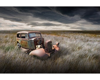 Abandoned Automobile on the Prairie, Rustic Americana Landscape Photograph, Auto Wall Art Decor, Canvas Wraps, Black and White, Sepia Tone